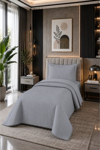 Bella Home Sofia Ponponlu Tek Kişilik Yatak Örtüsü Seti - 180x240 cm - Gri