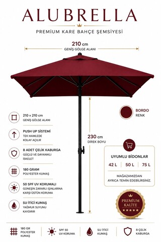 Düvenci ALUBRELLA Premium 210 x 210 cm Kare Bahçe Şemsiyesi, 180 gr Polyester, 50 SPF UV Korumalı, 8 Çelik Kaburga, Bidonsuz