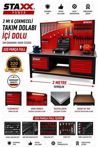 STAXX POWER 2 Metre 6 Çekmeceli 268 Parça Dolu Takım Tezgahı Full Profesyonel Set İzeltaş Anahtar Takımı