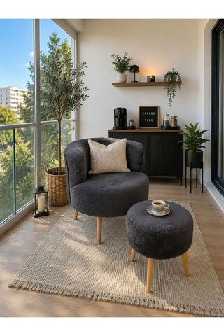 WEBPANYA Çay Seti Tekli Koltuk Berjer Ve Puf Takımı ANTRASİT Teddy (salon, Balkon, Ofis) 2 Li Takım
