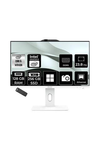 MSI PRO AP242P Intel Core i5 14400 128GB RAM 256GB SSD UHD Graphics 23.8" Full HD (1920x1080) Win11 Pro 14M-1201EUP555 Beyaz All In One Bilgisayar + Per4 USB Bellek