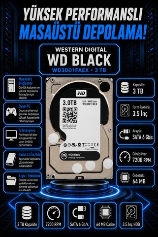 DİSK BANK 3 TB BLACK 3.5 İnç WD3001FAEX Masaüstü Bilgisayar Diski