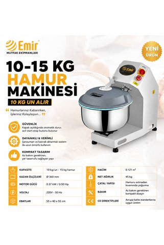 Emir Endüstriyel Mutfak EMİR 10 KG HAMUR YOĞURMA MAKİNESİ – EV TİPİ EKMEK VE PİZZA YOĞURMA ROBOTU, GÜVENLİ KAPAK ÇOCUK DOSTU