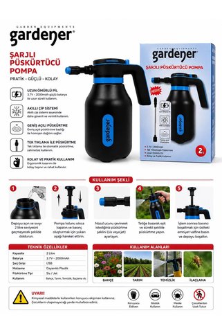 Gardener 2 Litre Şarjlı İlaçlama Pompası USB Şarjlı Elektrikli Püskürtücü Bahçe Sulama Spreyi Ayarlanabilir Nozullu Otomatik Basınçlı