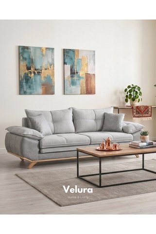 Velura Home & Living Azir Yataklı Koltuk & Bazalı Koltuk & Üçlü Kanepe (3'LÜ) - Gri Nubuk Bukle Kumaş