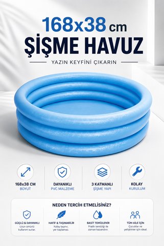 NeoThings 168X38 cm Şişme Tabanlı Mavi Dayanıklı 3 Katmanlı Oyun Havuzu PVC Kolay Kurulum Yazlık Havuz