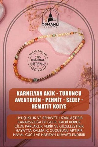 muhammed masum co Karnelyan Akik-Turuncu Aventurin-Prehnit--Hematit Doğal Taş Kolye 54cm