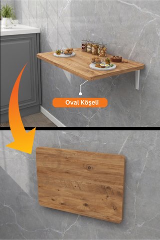 Kydonia Home 45 x 72 Cm Oval Köşeli Duvara Monte Çam Ahşap Desenli Kırma Oval Köşeli Katlanır Masa