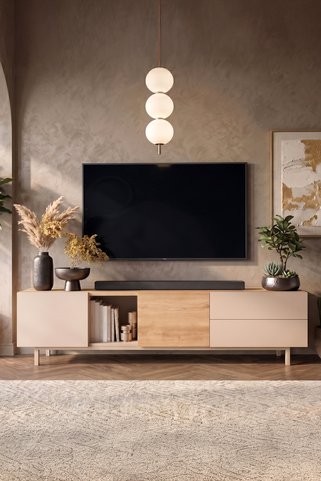 Yurudesign Sedra Tv Ünitesi Sehpası 2 Kapaklı 2 Geniş Çekmeceli Ahşap Ayak 180cm Kumsal-Sepet SD1-CS