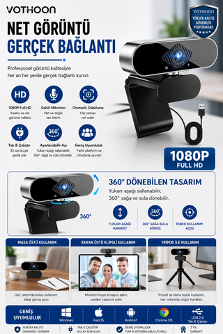 Vothoon WebCam Orjınal 1080p HD Konferans Kamera Dahili Mikrofon Görüntülü Sohbet Yayın Kamerası HD Video AE