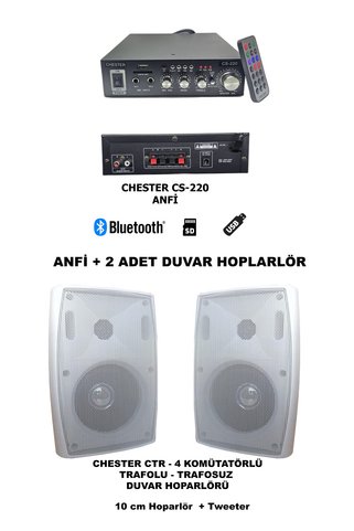 chester CS-220 Trafosuz Anfi ve 2 Adet CTR-4 Trafolu Trafosuz Duvar Hoparlör Ses Sistemi Seti