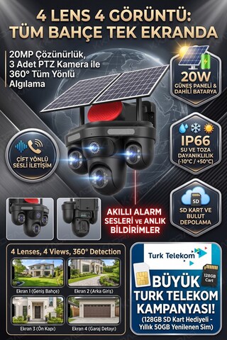 Kadraj Güneş Enerjili Güvenlik Kamerası 3 Kamera Otomatik 1 kamera sabit + 50GB Her ay Türk Telekom 1 Yıl