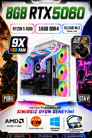 Dmc N327 Win11 / RYZEN 5 5500 / 16GB DDR4 RAM/ 512GB M2 / 8GB RTX5060 / Sıvı soğutmalı Oyuncu Bilgisayarı