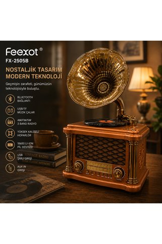 FEEXOT FX-2505B Bluetooth Nostaljik Gramofon Görünümlü Hoparlör | FM/AM/SW Radyo | USB | TF Kart | AUX | Şarjlı Retro Müzik Kutusu