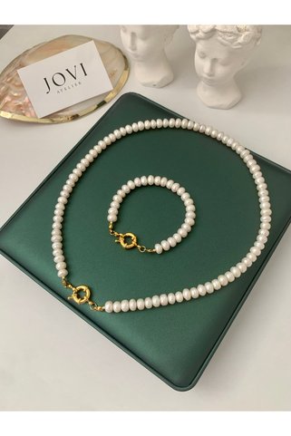 JOVİ ATELİER 55cm - Sertifikalı Doğal Rondela İnci Kadın Kolye Bileklik Seti | Gemici Kilit