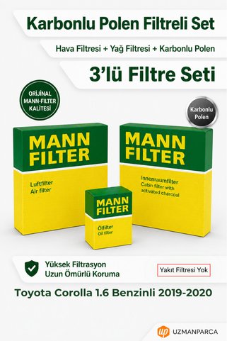 Mann-Filter Toyota Corolla 1.6 Benzinli 2019-2020 MANN Filtre Seti (3’lü / 3 Parça) Karbonlu Polen + Hava + Yağ Filtresi (Yakıt Yok)