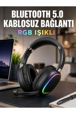 AKILLI Bluetooth 5.0 Kablosuz Kulak Üstü Kulaklık Mikrofonlu RGB Aydınlatmalı