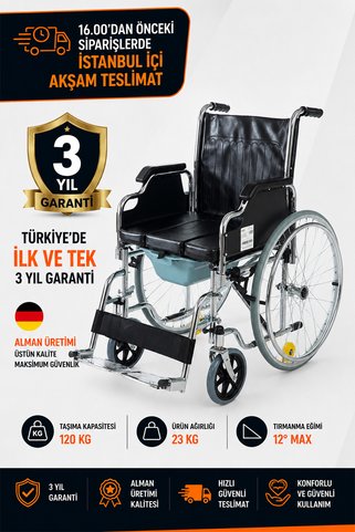 Römer R481 Büyük Tekerlekli Banyo ve Tuvalet Sandalyesi – Katlanabilir, Lazımlıklı, Frenli, Çıkarılabilir Ayaklıklı, Çelik Gövdeli
