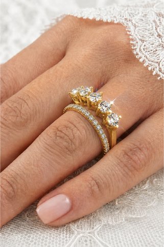 Crystal Diamond Zirconia 14 ayar altın kaplama beştaş ve tamtur yüzük