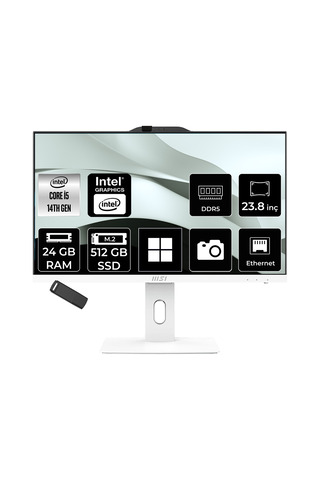 MSI PRO AP242P Intel Core i5 14400 24GB RAM 512GB SSD UHD Graphics 23.8" Full HD (1920x1080) Win11 Home 14M-1201EUP414 Beyaz All In One Bilgisayar + Per4 USB Bellek