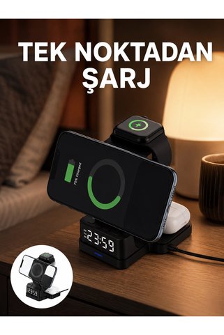 Eco Lounge LED Dijital Saatli Kablosuz Şarj Cihazı – 3 Parlaklık Ayarlı, Şarj Koruma Teknolojili Yeni Nesil
