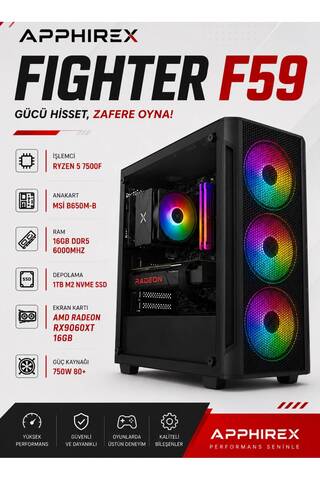 Apphirex FIGHTER F59 Ryzen 5 7500F 16GB DDR5 Ram 1TB M.2 SSD RX9060XT 16GB Oyuncu Masaüstü Bilgisayar