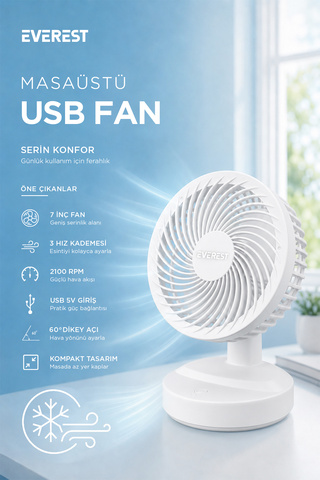 Everest  Efn-508 Beyaz Şarj Edilebilir 3 Kademeli Usb Fan Vantilatör Sessiz Masaüstü Vantilatör Fan