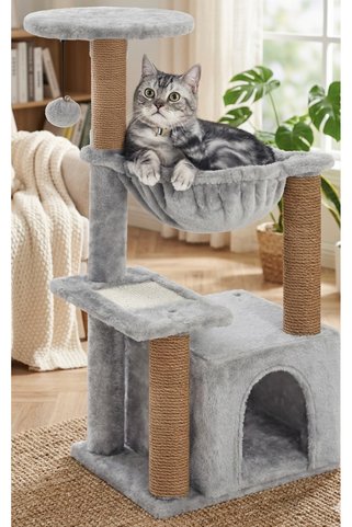 PATİSTORE Tiflis Gri Çok Katlı Wellsoft Kumaş Ağır MDF Taban Kedi Tırmalama Ve Oyun Evi Kedi Ağacı