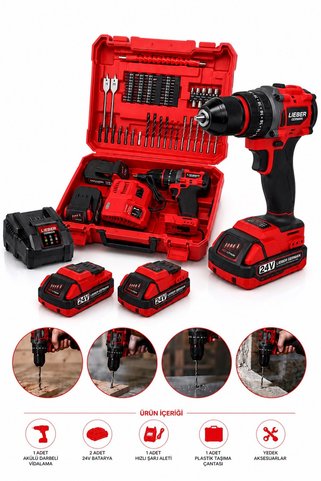 Lieber German REDGO Kömürsüz Motor 2 Akülü 84 Pcs Akülü Vidalama Matkap
