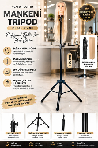 Esperer SİYAH Kuaför Eğitim Mankeni İçin Metal Tripod - + Taşıma Çantası HEDİYELİ