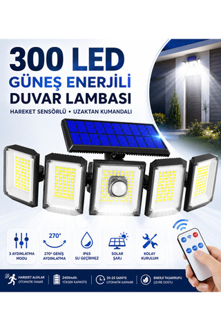 Larens SolarMax 300 LED Güneş Enerjili 5 Panelli Hareket Sensörlü Uzaktan Kumandalı Dış Mekan Duvar Lambası