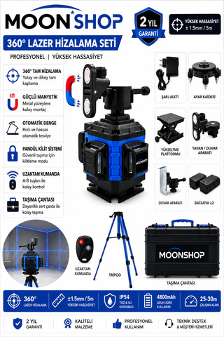 MOONSHOP 360° Yeşil Lazer Hizalama Seti Şarjlı 16 Çizgili Tripodlu Profesyonel Lazer TeraziDX1203