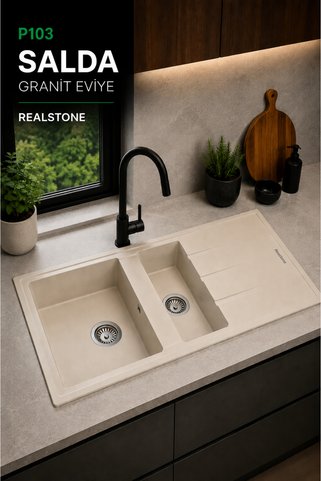 RealStone P013 Salda 1,5 Gözlü Granit Mutfak Eviyesi Krem 100 x 50 Cm