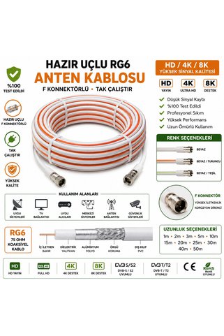 Hünka Hazır Uçlu 20 Metre RGU-6 Uydu Anten Kablosu – El İşçiliği F Konnektörlü HD 4K 8K TV Kablosu