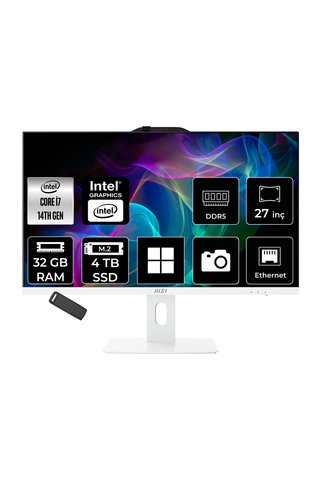 MSI Pro AP272P Intel Core i7 14700 32GB RAM 4TB SSD UHD Graphics 27" Full HD (1920x1080) Win11 Pro 14M-866XEUP523 Beyaz All In One Bilgisayar + Per4 USB Bellek