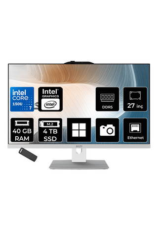 MSI Modern AM272P Intel Core 7 150U 40GB RAM 4TB SSD Intel Graphics 27" Full HD (1920x1080) Win11 Pro 1M-1095XEUP529 Beyaz All In One Bilgisayar + Per4 USB Bellek