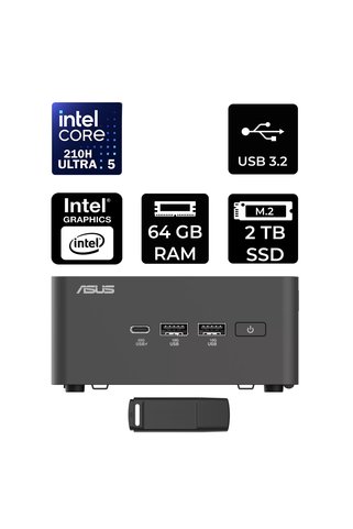 ASUS NUC 15 Pro Tall Intel Core 5-210H 64GB RAM 2TB SSD FreeDOS RNUC15CRHC500002P334 Mini Masaüstü Bilgisayar + PER4 USB BELLEK
