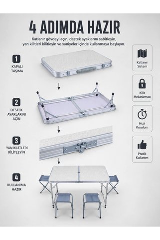 Eco Lounge Valiz Tipi Katlanabilir Piknik Masası 4 Tabureli Taşınabilir Kamp Masası