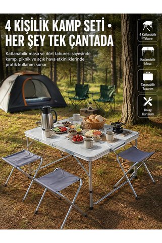 Eco Lounge Katlanabilir Kamp Masası ve 4 Tabure Seti Taşınabilir Alüminyum Gövdeli Piknik Masası