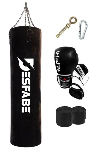 desfabe Boxing Star 120x32 Cm Zincirli Boks Kum Torbası Siyah+Askı Aparatı+Boks Eldiveni+El Sargı Bandajı