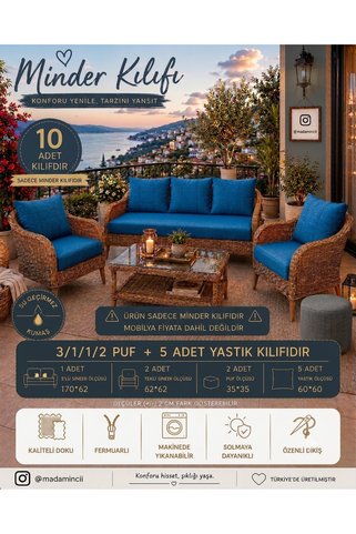 MADAMİNCİ Balkon Mobilya Minderi Bahçe Mobilyası Minder Kılıfı – Su İtici, Fermuarlı Kılıf