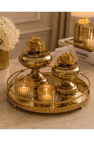 RoyalDecorHome Dekoratif 2'Li Mercanlı, Ayaklı Şekerlik, Lokumluk, Kutu&Obje Gold / Gold