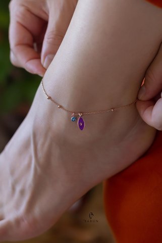 BY BARUN SİLVER Halhal Nazar Göz Boncuğu Ayak Bilekliği Mineli Neon 925 Ayar Gümüş Pembe Rose Zincir Halhal