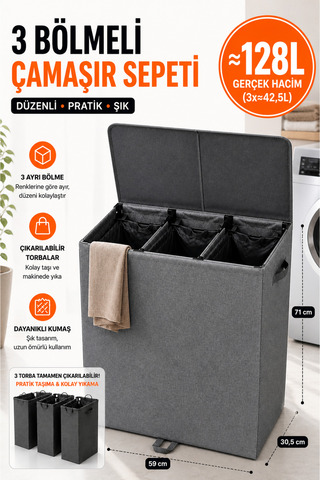 ESTİ 128 Litre 3 Bölmeli Kapaklı Çamaşır Sepeti - Taşınabilir İç Torba, Katlanabilir Geniş Hacimli Kirli Sepeti - 59x30,5x71 cm