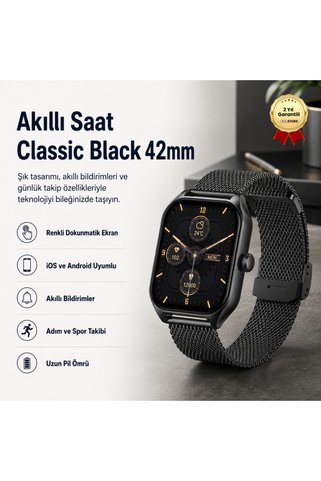 HZL Akıllı Saat Classic Black 42mm - Çoklu Fonksiyonlu Kare Tasarım