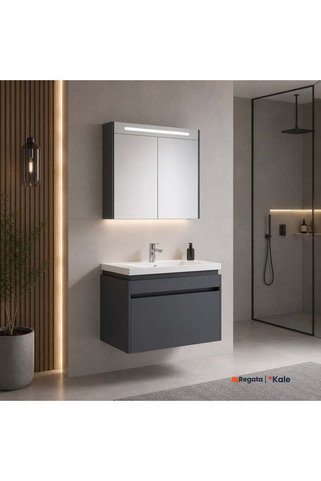 KALE Idea 2.0 80 cm Tek Çekmeceli Set Parlak Antrasit (Lavabo Dolabı + Aynalı Dolap)