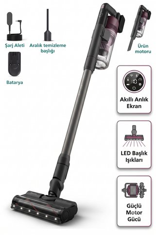 Philips 6000 Serisi Kablosuz Dikey Süpürge Yüksek Emiş Gücü Çift Batarya Elde Kullanılabilen Turbo ve Dar Aralık Aparatlı EPA Filtreli Halı Parke Temizliği Mavi XC6453