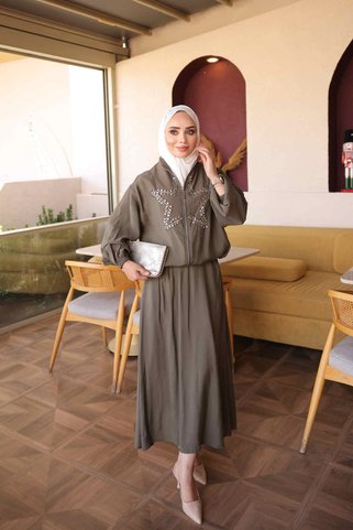 İmajButik Haki Yıldız Taş İşlemeli Ceket Etekli Takım