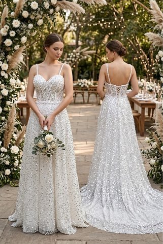 JABO WEDDİNG HOUSE GELİNLİK GÜMÜŞ PAYET TAŞ İŞLEMELİ BUSTİYERİ TRANSPARAN GELİNLİK 38 BEDEN