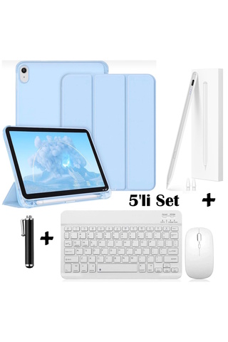 m.tk moveteck iPad 11. Nesil A16 /10. Nesil 10.9 Uyumlu Flip Kılıf + Bluetoothlu Klavye Mause + Avuç içi Red Kalem 5'Li Set